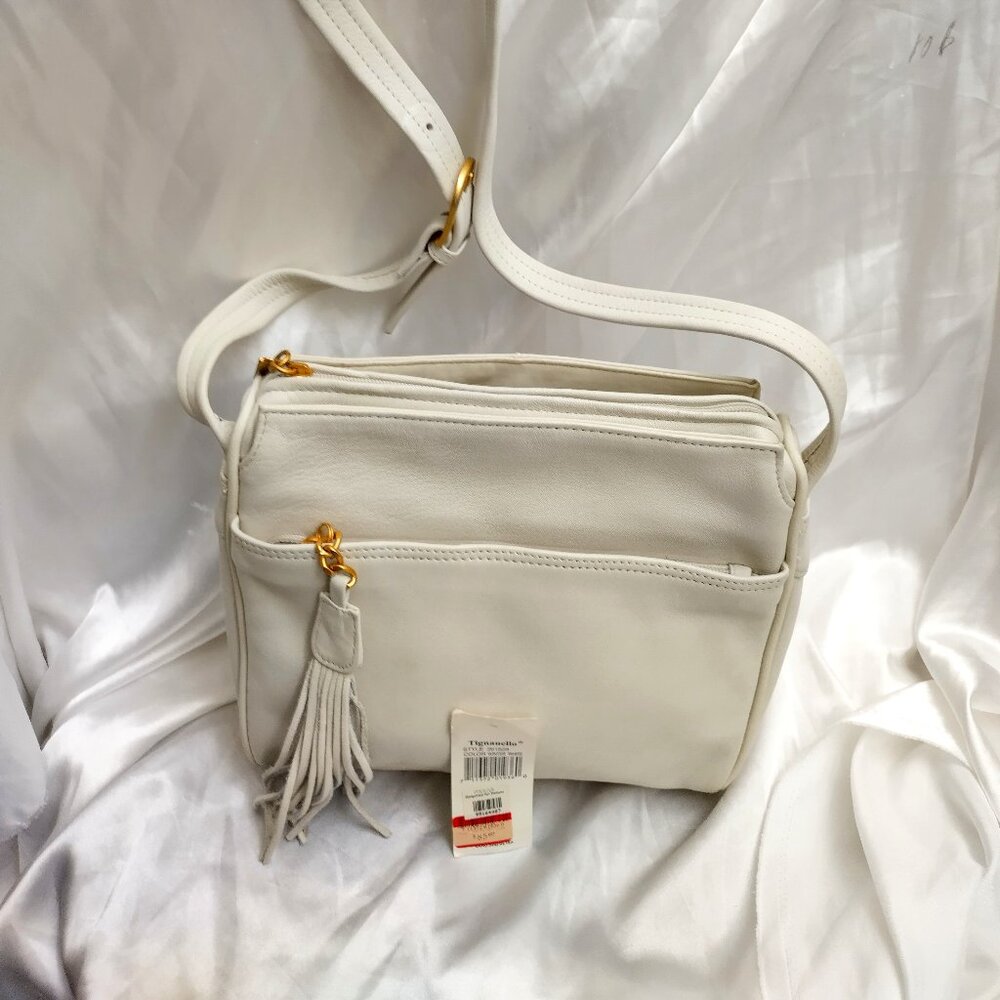* Tignanello, White Ivory Handbag, Long Strap Beautiful Leather NEW with Tags